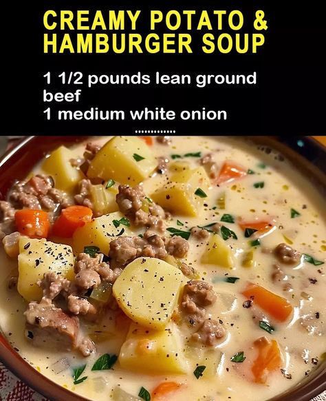 Creamy Potato & Hamburger Soup – 99easyrecipes Hamburger Soups, Potato And Hamburger, Potato Hamburger Soup, Soup Meals, Hamburger Potato Soup, Hamburger Soup Recipe, Soup Bar, Hamburger And Potatoes, Delicious Soups