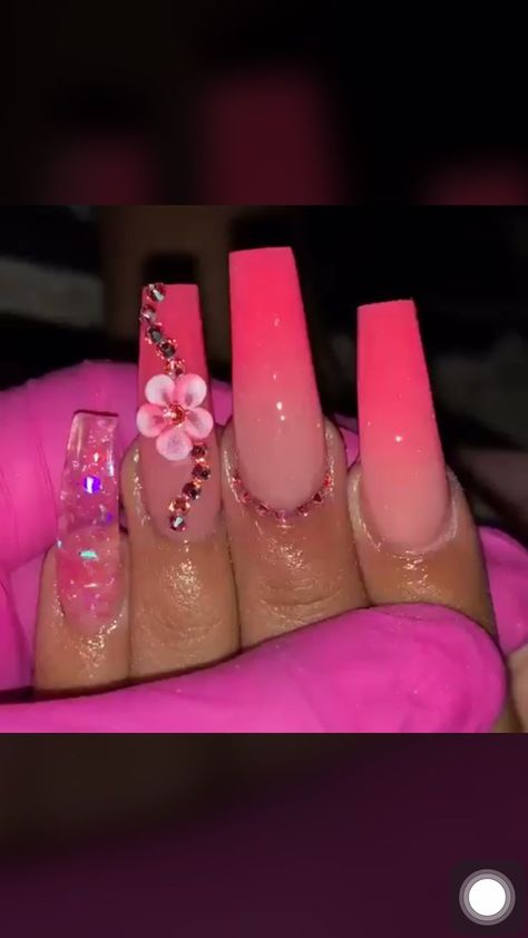 Birthday Hot Pink Nails, Pink Nails With Swarovski Crystals, Ombre Hot Pink Acrylic Nails, Ombré Hot Pink Nails, Hot Pink Nails Ombre, Hot Pink Acrylic Nails Designs Summer, Hot Pink Prom Nails Acrylic, Light Pink Ombre Nails Coffin, Hot Pink Ombre Nails Coffin