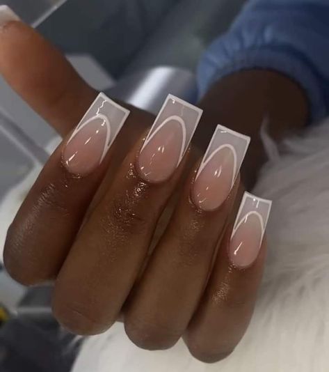 White Outline French Tip Nails, Med Nail Designs, White On White Nail Designs, French Nails With Bling, French Tip Ideas, White Nails With Designs, Trip Nails, White Tip Acrylic Nails, Two Color Nails