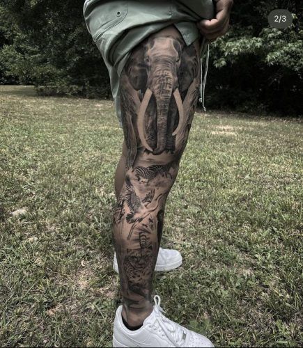 Elephant Leg Tattoo, Animal Leg Sleeve, Leg Tattoos Ideas, Elephant Thigh Tattoo, Leg Band Tattoos, Thigh Piece Tattoos, Leg Tattoo Ideas, Thigh Band, Private Tattoos