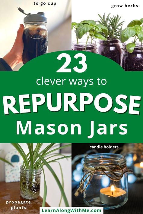 Wondering what to do with your old mason jars? You could take up canning...or you could use one of these 23 clever ways to repurpose mason jars. 
Want a cool candle holder? Grab a mason jar.
Want a stylish cup?  Grab a mason jar.

Do you want some conversation starting planters? Yes, once again you can use mason jars for this too.

There are lots of ways to repurpose mason jars...they are so versatile.

Click to check out the list and see what'll work for you.

#repurposemasonjars #masonjars Mason Jars Crafts, Old Mason Jars, Uses For Mason Jars, Jars Crafts, Old Jars, Mason Jar Ideas, Mason Jar Planter, Large Mason Jars, Kilner Jars