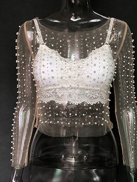 White Beaded Detail Long Sleeve Sheer Crop Blouse | Choies Pearl Shirt, Beaded Crop Top, Pearl Top, Pearl Embroidery, Mesh Long Sleeve Top, Top Streetwear, Summer Crop Tops, Closet Staples, Mesh Long Sleeve