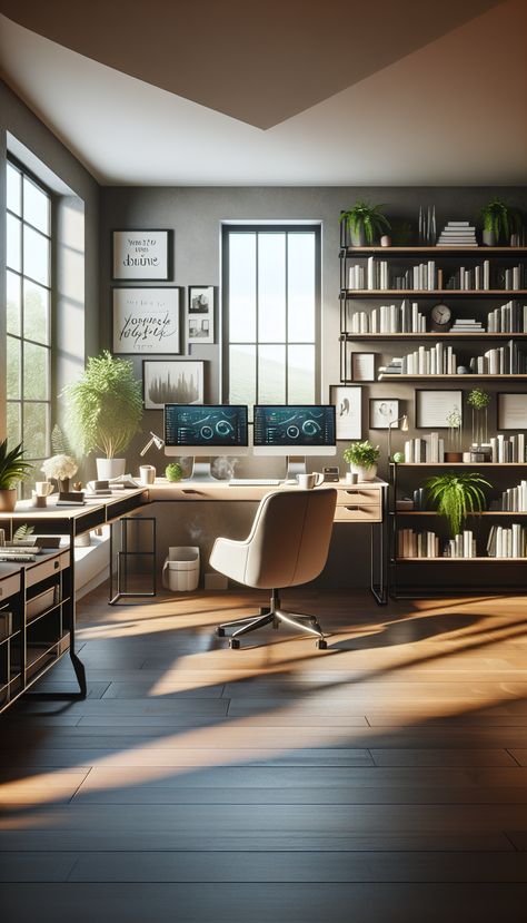 Discover your dream home office: modern desk, dual monitors, cozy atmosphere & convenience. Exciting WFH job over $25/hr - link in the bio! #RemoteJob #WFH #CareerOpportunities #HighPaidJob #HomeOfficeIdeas #ProductiveLife. Hybrid Home Office, Office Ideas With Two Monitors, Dual Office Setup, Desk With 2 Monitors Home Office, Home Office With 2 Monitors, Home Office With Sitting Area, Home Office Dual Monitors, Home Office Two Monitors, Home Office Multiple Monitors