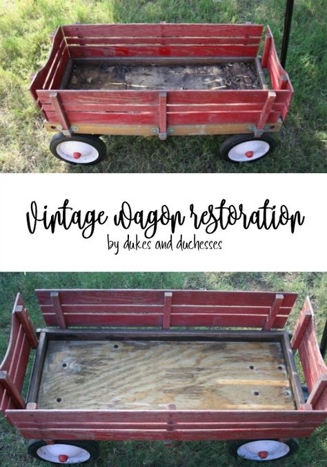 how to restore a vintage wagon Red Wagon Repurposed, Wagon Decor Outdoor, Old Wagon Garden Ideas, Wagon Decor, Steel Wool And Vinegar, Antique Wagon, Wood Wagon, Kids Wagon, Radio Flyer Wagons