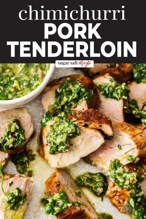 Pork Loin With Chimichurri Sauce, Pork With Chimichurri Sauce, Pork Tenderloin Piccata, Pork Tenderloin Dinner Recipes, Pork Chimichurri, Pork Recipes Healthy, Pork Tenderloin Recipes In Crockpot, Herbed Pork Tenderloin, Chimichurri Pork