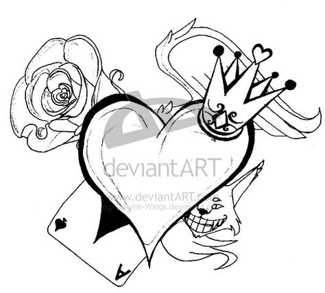 Tattoo 4: Alice In Wonderland by Valkyrie-Wings.deviantart.com Queen Of Hearts Drawing, Valkyrie Wings, Hearts Drawing, Queen Of Hearts Tattoo, Alice And Wonderland Tattoos, Queen Of Hearts Card, Alice In Wonderland Drawings, Alice In Wonderland Illustrations, Wonderland Tattoo