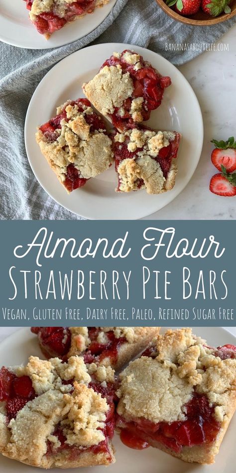 These strawberry pie bars are easy to make with a simple almond flour crust. The delcious strawberry filling can be made with either fresh or frozen strawberries too! This healthy dessert recipe is gluten free, dairy free, vegan, paleo and refined sugar free. Strawberry Pie Bars, Almond Flour Crust, Strawberry Bars, Gluten Free Dairy Free Dessert, Bars Gluten Free, Paleo Baking, Paleo Sweets, Almond Flour Recipes, Strawberry Filling