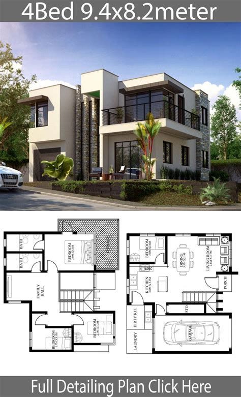 4 Bedroom Home Design Plan 7.5x9m - SamPhoas Plansearch Small Home Design, Modern House Floor Plans, 2 Storey House Design, Two Story House, House Plan Gallery, Building House, Modern Style House Plans, Sims House Plans, House Construction Plan