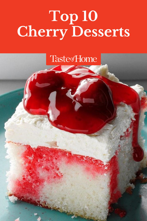 It wasn't easy to choose our best cherry desserts. Whether using fresh cherries in summer or canned cherry pie filling any other time of year, these cheery cherry recipes will delight. Cakes With Cherry Pie Filling, Cherry Pie Filling Cake Recipes, Recipes With Canned Cherries, Canned Cherry Desserts, Canned Cherries Recipes Desserts, Desserts With Fresh Cherries, Cherry Desserts Recipes, Recipes With Cherry Pie Filling, Cherry Pie Filling Recipes Desserts