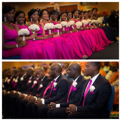 Bridal Party Enter Fuschia Wedding, Black Brides, Fuchsia Wedding, Bridesmaids Groomsmen, African American Weddings, Wedding Colours, Nigerian Weddings, Best Of Friends, Bride Magazine