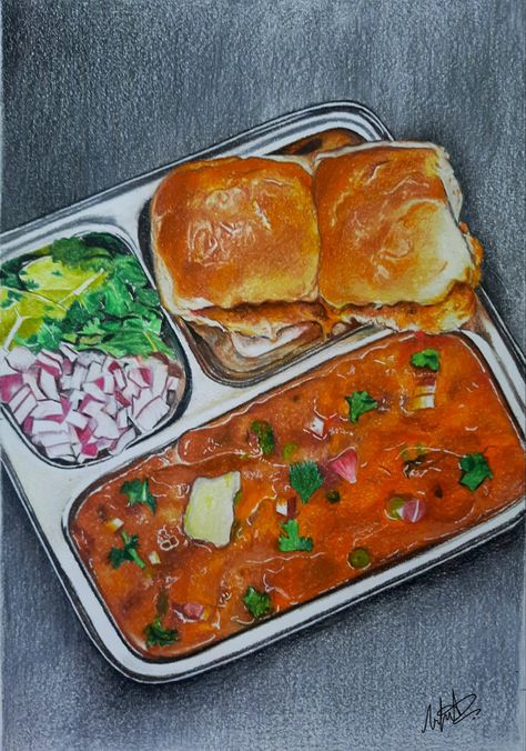 Colour pencils work Pav Bhaji Painting, Indian Food Sketch, Pav Bhaji Drawing, Pav Bhaji Illustration, Gouache Food Illustration, Food Painting Aesthetic, Indian Food Art Painting, Food Sketch Pencil, Indian Food Drawing