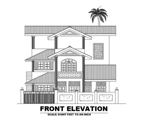 Autocad Elevation Drawings, Bungalow Front Elevation, Bungalow Drawing, Roof Section Detail, Window Elevation, Civil Drawing, Bg Reference, Roof Section, Section Detail