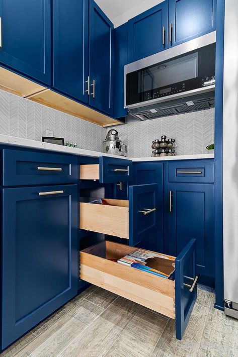 Kitchen With Waterfall Island, Navy Kitchen Cabinets, Modern Coastal Kitchen, Navy Blue Kitchen Cabinets, Kitchen Cabinet Inspiration, Navy Blue Kitchen, Maple Kitchen Cabinets, Navy Kitchen, Waterfall Island