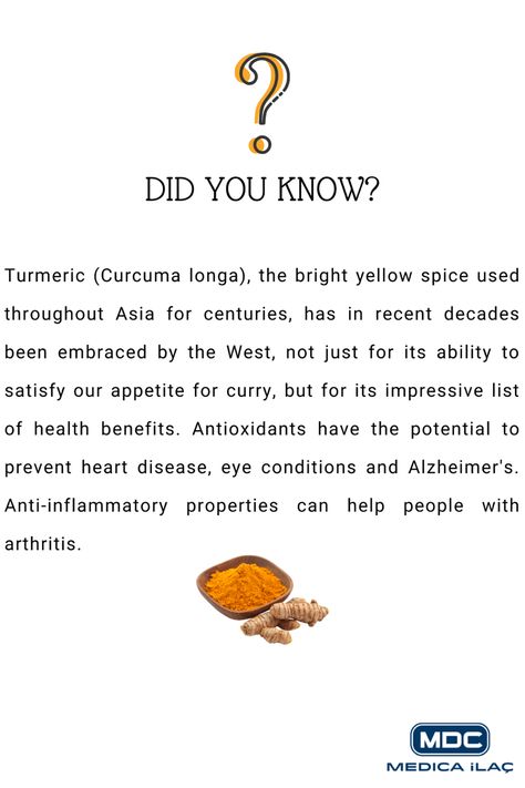 Health Facts by MDC Pharma Turmeric (Curcuma longa), the bright yellow spice used throughout Asia for centuries, has in recent decades been embraced by the West, not just for its ability to satisfy our appetite for curry, but for its impressive list of health benefits. Antioxidants have the potential to prevent heart disease, eye conditions and Alzheimer's. Anti-inflammatory properties can help people with arthritis. #Healthylife #Myminerals #Antioxidant #Happylife #Vitamins #Heatlh #Myvitamin Curry Benefits, Eye Conditions, Yellow Curry, Turmeric Benefits, Health Facts, Help People, Health Awareness, Bright Yellow, Happy Life