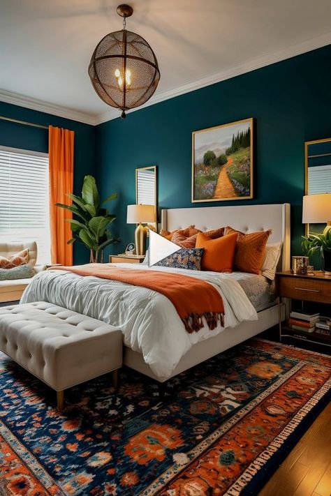 Boho Bedroom On A Budget, Small Boho Bedroom Ideas, Blue Orange Color Scheme, Orange And Teal Bedroom, Small Boho Bedroom, Color Scheme Bedroom, Cottage Mood Board, Lime Green Bedrooms, Interior Design Colors