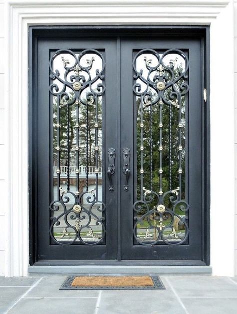 Wrought Iron Glass Door, Metal Entry Doors, Wrought Iron Doors Front Entrances, Exterior Door Designs, Steel Doors Exterior, Double Doors Exterior, Iron Front Door, Iron Entry Doors, Modern Exterior Doors