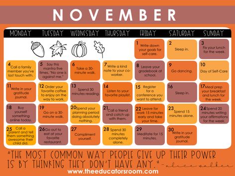 Teacher Self-Care Calendar- November 2019 | The Educators Room October Self Care Calendar, November Self Care Calendar, Self Care November, Thanksgiving Self Care, November Self Care Challenge, November Self Care, Self Care Calendar, Teacher Self Care, November Goals