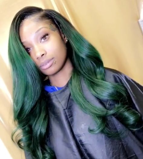 Green Sew In Weave Black Women, Black Wig With Green Highlights, Glamorous Hairstyles For Long Hair, Dark Green Wig Install, Dark Green Wigs Black Women, Trendy Hairstyles For Short Hair, Side Braids Hairstyles, Green With Blacklace Front Wigs, Bohemian Braid