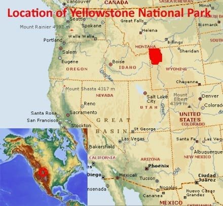 Map showing the location of Yellowstone National Park world heritage site in USA Rock Springs, Denver City, Billings Montana, Boreal Forest, Continental Divide, Location Map, National Park Service, Yellowstone National, Yellowstone National Park