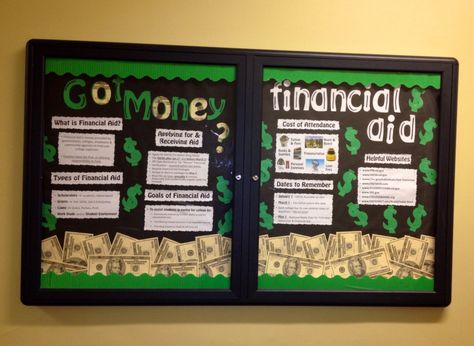 Financial Aid Bulletin Board Ideas, Fafsa Bulletin Board Ideas, Scholarship Bulletin Board, Scholarship Bulletin Board High Schools, Financial Aid Bulletin Board, College Counseling Office, Guidance Bulletin Boards, School Counselor Bulletin Boards, College Advisor