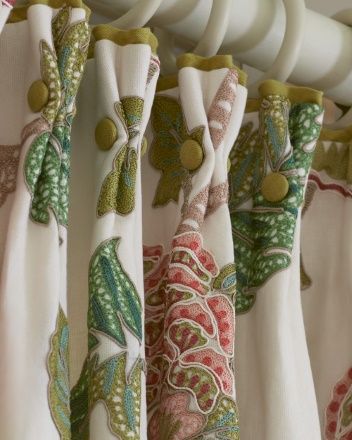 Colfax And Fowler, Lawn Striping, Colefax Fowler, Colefax And Fowler, Leaf Fabric, Curtain Headings, Pleated Curtains, Pink Leaves, Designers Guild