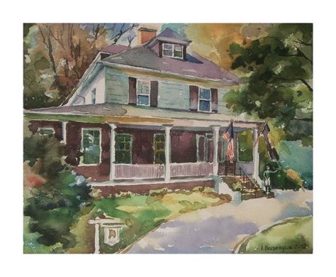 Custom Original  Watercolor Painting of home 8'' by MissBlackEyes, $50.00 Painting As A Gift, Painted Vans, Royal Talens, Southern House, House Portrait, American House, House Portraits, Day Time, Colonial House