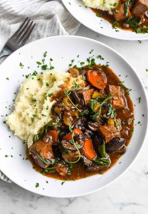 Vegan Beef Bourguignon | Eat Well Enjoy Life Vegan Beef Bourguignon, Vegan Bourguignon, Mushroom Bourguignon, Balsamic Marinade, Vegan Beef, Cauliflower Mashed Potatoes, Bean Curd, Wine Vinegar, Red Wine Vinegar