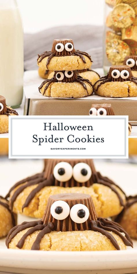 Soft peanut butter cookies topped with a Reese's cup and spooky decorations, these Halloween Spider Cookies are the perfect spooky treat! Spooky Spider Cookies, Halloween Peanut Butter Spider Cookies, Halloween Thumbprint Cookies, Halloween Buckeyes, Halloween Spider Treats, Diy Halloween Cookies, Spider Desserts, Halloween Bake Sale, Spider Cookies Halloween