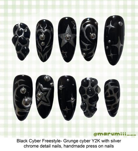 ★Set is shown in Medium Almond★ ★All press ons are made to order, please allow up to 2 weeks to receive your set! ★Every nail set is hand-painted with gel polish, please understand if the nails you receive are not a complete replica of the photos! I will try my best though! ★Nail sizes XS: 14mm, 11mm, 12mm, 10mm, 8mm S: 15mm, 12mm, 13mm, 11mm, 9mm M: 16mm, 12mm, 13mm, 11mm, 9mm L: 18mm, 13mm, 14mm, 12mm, 10mm Please follow the instructions on how Black And Silver Press On Nails, Emo Nail Designs For Short Nails, Emo Goth Nails, Nail Ideas Black And Silver, Black Basic Nails, Emo Halloween Nails, Chrome Detail Nails, Black Grunge Nails, Y2k Black Nails