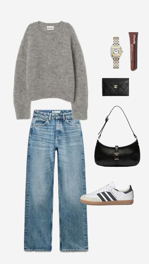 Grey And Blue Jeans Outfit, Grey Handbag Outfit, Milan Outfits Winter, Samba Adidas Black, Grey Jumper Outfit, Blue Jumper Outfit, Chanel Cardholder, Dark Washed Jeans Outfit, Sambas Adidas Women Outfit