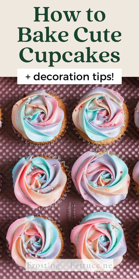 In this post you'll learn how to bake cupcakes, plus tips for how to decorate cupcakes! There are so many ways to decorate and frost cupcakes, from flowers to sprinkles to colorful frosting - the options are endless! Birthday Cupcakes Design Ideas, Best Frosting For Decorating Cupcakes, Decorate Cupcakes Easy, How To Decorate Cupcakes With Frosting, Best Frosting For Cupcakes, How To Frost Cupcakes, Frosting Cupcakes Techniques, How To Bake Cupcakes, Easy Cupcake Decorating Ideas