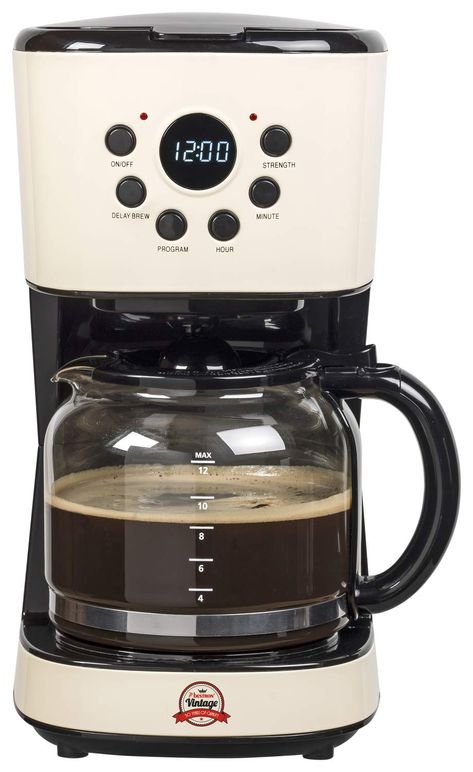 Bestron Cafetera con Diseño Vintage, Temporizador Programable, 12 Tazas, 900 W, 1.5 litros, Crema/Negro: Amazon.es: Hogar Drip Coffee, Drip Coffee Maker, Coffee Time, Vintage Look, Black Friday, Coffee Maker, Kitchen Appliances, Cafe, Tea