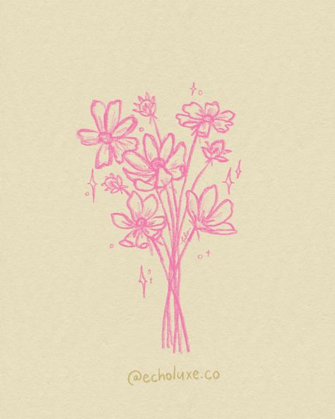 Minimalist line drawing of a cosmic bouquet surrounded by sparkles and stars, created by Emily Cabana, also known as Echo Luxe, for Peachtober23. Cosmos Flowers Drawing, Cosmos Bouquet, Cosmos Illustration, Minimalist Line Drawing, Celestial Magic, Cosmos Flowers, Cosmic Art, Self Exploration, Sparkling Stars