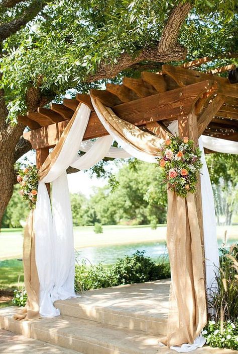 These rustic wedding ideas are perfect for your farmhouse barn wedding! Add these to your to do list or purchase handmade from Etsy. Wedding Pergola, Burlap Wedding Decorations, Wedding Ceremony Setup, Rustic Burlap Wedding, Country Pink, Wedding Arch Rustic, Rustic Wedding Decorations, Outdoor Gazebo, Gazebo Wedding