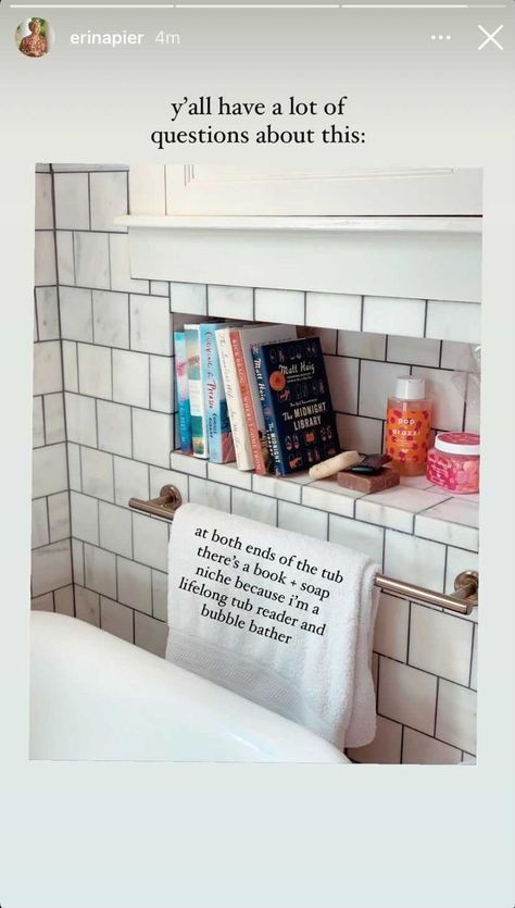 Erin Napier Bathroom, Soap Niche, Mid Century Craftsman, Wall Book Shelf, Home Town Hgtv, Shelf For Books, Erin Napier, Her Bathroom, Bathtub Tray