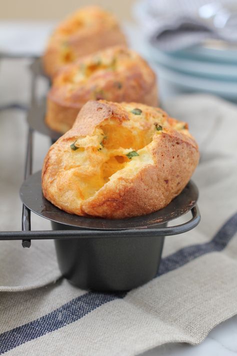 Cheddar Cheese and Chive Popovers - Hip Foodie Mom Popovers Recipe, Popover Recipe, Fun Breakfast, Yorkshire Pudding, Fool Proof, Sharp Cheddar, Sharp Cheddar Cheese, Bread Dough, Breakfast Ideas