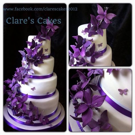 Purple Butterfly Wedding, Wedding Cake Purple Flowers, Wedding Cakes Purple, Cakes Purple, Cadbury Purple Wedding, Pastel Frozen, Butterfly Wedding Cake, Incredible Cakes, Round Wedding Cakes