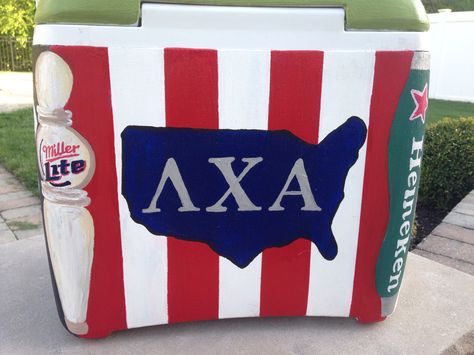 Fraternity cooler, lambda chi alpha Frat Cooler Lambda, Lambda Chi Alpha Cooler, Big Crafts, Sorority Diy, Formal Coolers, Frat Formal, Fraternity Cooler, Painted Coolers, Formal Cooler Ideas