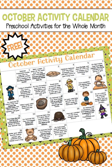 Don't miss the October preschool activity calendar! Celebrate all of this month's special days with books, printables, and hands-on activities! #homeschoolprek #activitycalendar #octoberactivities #octoberbooks #octoberpreschool October Lesson Plans, October Preschool, Homework Calendar, October Lessons, Preschool Calendar, Activity Calendar, October Books, October Activities, Calendar Activities