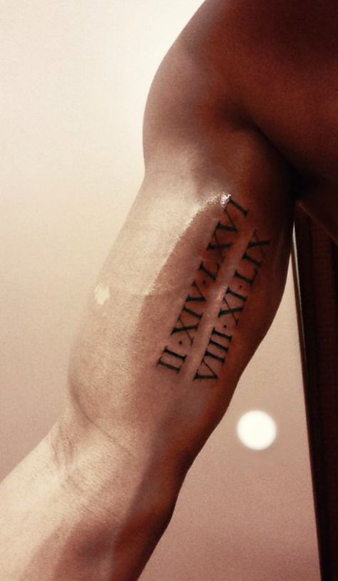 Mens Roman Numeral Tattoo, Roman Numeral Tattoo Arm, Tattoo Fonts For Men, Roman Numeral Tattoo Font, Tattoo Writing Styles, Tattoo Writing Fonts, Roman Numbers Tattoo, Tattoo Bicep, Tattoo Font For Men