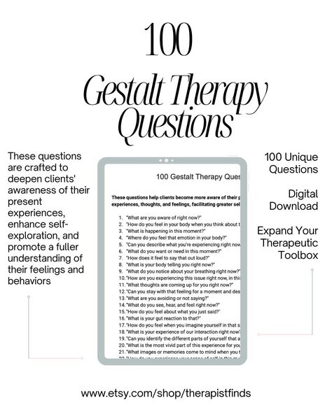 Discover the power of personal growth with "100 Gestalt Therapy Questions," an essential resource designed for social workers and counselors. This comprehensive collection of therapy questions serves as a valuable therapy worksheet and intervention tool, helping you unlock deeper insights during sessions. Whether you're crafting therapy goals or utilizing innovative therapy templates, this guide provides clear and effective counseling questions that can enhance your practice.  Start transforming your sessions today with these impactful therapy tools! **WHAT'S INCLUDED?** After your purchase, you'll receive access to 1 PDF file ready to download and use!  -- PLEASE NOTE-- This listing is for a DIGITAL DOWNLOAD. No physical product will be shipped and the frame is not included. Colors may va Get To Know You Therapy Activities, Therapy Questions For Adults, Counseling Worksheets Therapy Tools, Acceptance Therapy, Therapy Progress Notes, Therapy Templates, Counseling Questions, Therapy Goals, Counselling Tools