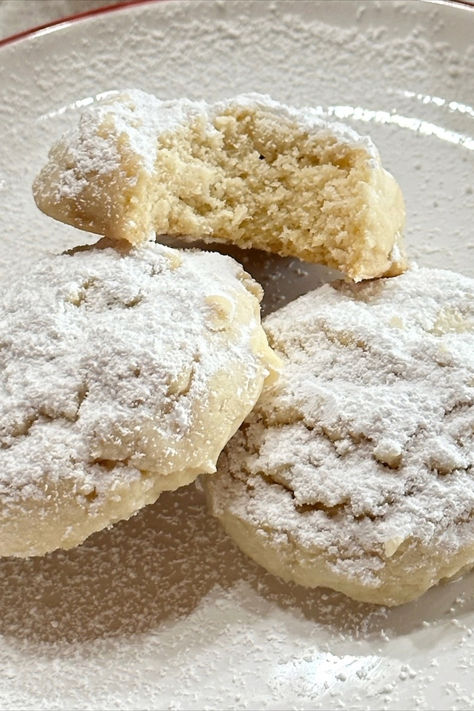 Sweetened condensed milk snowball cookies dusted with powdered sugar. Newfoundland Squares, Cookies Made With Sweeten Condensed Milk, Cookies Using Sweetened Condensed Milk, Condensed Milk Snow Cookies, Powder Sugar Recipes, Cookies With Condensed Milk, Sweetened Condensed Milk Cookies, Condensed Milk Biscuits, My Country Table