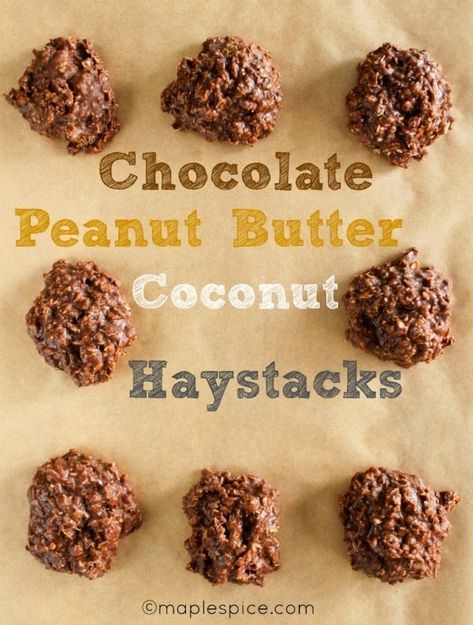 Vegan Chocolate + Peanut Butter + Coconut Haystacks - a no-bake cookie Peanut Butter Haystacks Recipe, Coconut Haystacks, Haystack Cookies, Haystacks Recipe, Fruit Leather Recipe, Coconut Peanut Butter, Peanut Recipes, Coconut Cookies, Baking With Kids