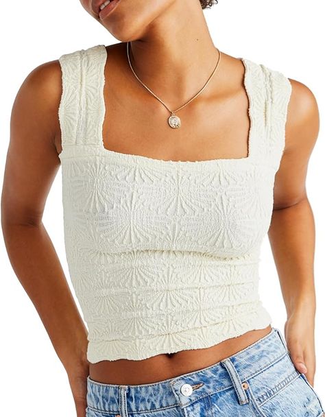 Amazon.com: Tank Top for Women Going Out Tops Free People Dupe Square Neck Crop Tops Flower Embroidery Cami Tops Beige, XS/S : Clothing, Shoes & Jewelry Cute Fitted Tops, Cute Tank Tops For Summer, Cute Tank Top Outfits, Flower Tank Top, Summer List, Free People Tank Top, Free People Tank, Tank Top Outfits, Free People Clothing