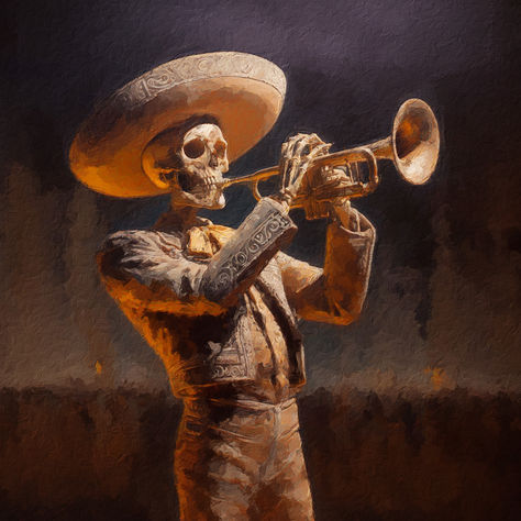 Bring a lively, offbeat vibe to your space with this striking Mariachi Skeleton Playing Trumpet poster print. Featuring a vintage-inspired oil painting style, it's a bold and eye-catching addition to any room Skeleton Oil Painting, Mariachi Skeleton, Painting Skeleton, Skeleton Painting, Playing Trumpet, Play Trumpet, Old Man Portrait, Americana Art, Cowboy Aesthetic