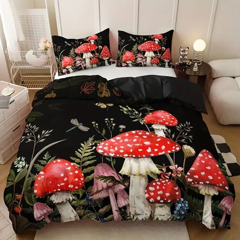 3pcs Duvet Cover Set, Red Mushroom Print Bedding Set, Soft Comfortable Duvet Cover, For Bedroom, Guest Room (1*Duvet Cover + 2*Pillowcase, Without Core), affiliate Mushroom Bedding, Bed Quilts, Colorful Duvet Covers, Mushroom Pattern, Red Mushroom, Pattern Quilt, Bed Comforter Sets, Patterned Bedding, Kids Bedding Sets