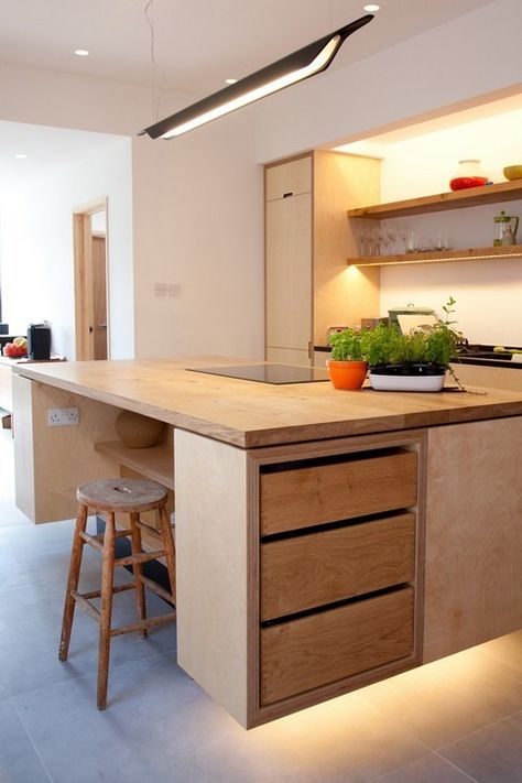 Plywood Kitchen - Industrial - Kitchen - Gloucestershire - by Hutchinson Furniture and Interiors | Houzz IE Plywood Kitchen Island, Plywood Kitchen, Floating Island, Central Kitchen, Birch Ply, Industrial Kitchen, Led Light Strips, Strip Lighting, Solid Oak