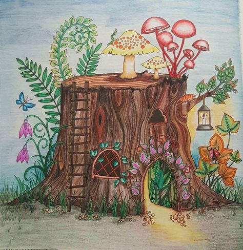 Tronco Enchanted Forest Johanna Basford Enchanted Drawing Ideas, Fairy Garden Ideas Drawing, Fairy Tree Drawing, Enchanted Forest Drawing Easy, Flower Forest Drawing, Magic Forest Drawing, Simple Forest Drawing, Cute Fairy Garden Drawings, Fairy Forest Drawing