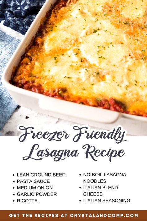 freezer friendly lasagna recipe ingredient list Lasagna Recipe For Freezing, Premade Lasagna Recipe, Lasagna Frozen Meal, Lasagna Make Ahead And Freeze, Lasagna To Freeze, Freezer Friendly Lasagna, Freezer Meal Lasagna, How To Freeze Lasagna, Freezer Lasagna Recipe