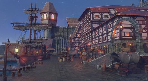 ArtStation - medieval harbor, Alexander Sord Fantasy Harbor, Medieval Harbor, Medieval Port, Fantasy Landscape, Pretty Art, Alexander, Art Design, Drawings, Anime